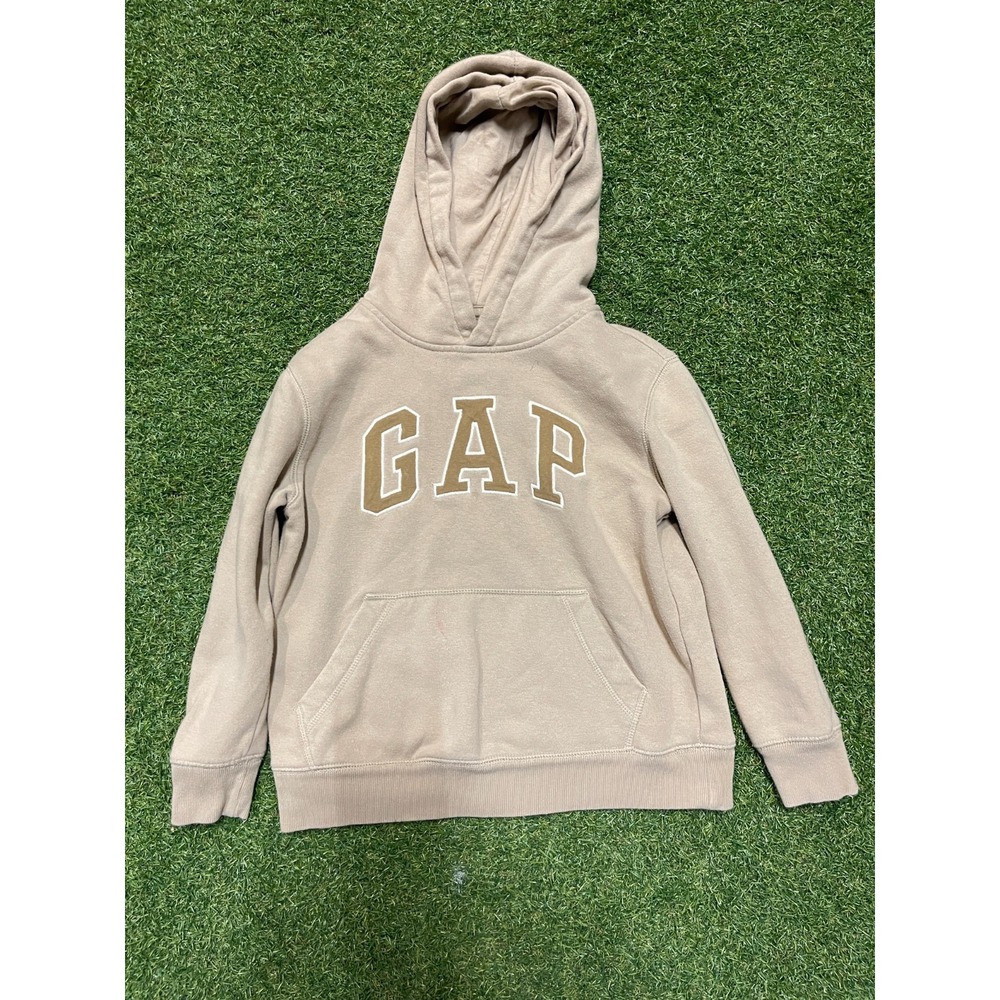 Vintage Gap Hoodie Kids Small Beige Cotton Spellout Logo Fleece Lined Pullover